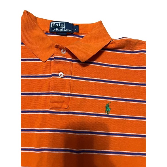 Polo Ralph Lauren Mens Large Orange Striped Short Sleeve Pique Polo Shirt - Picture 2 of 12